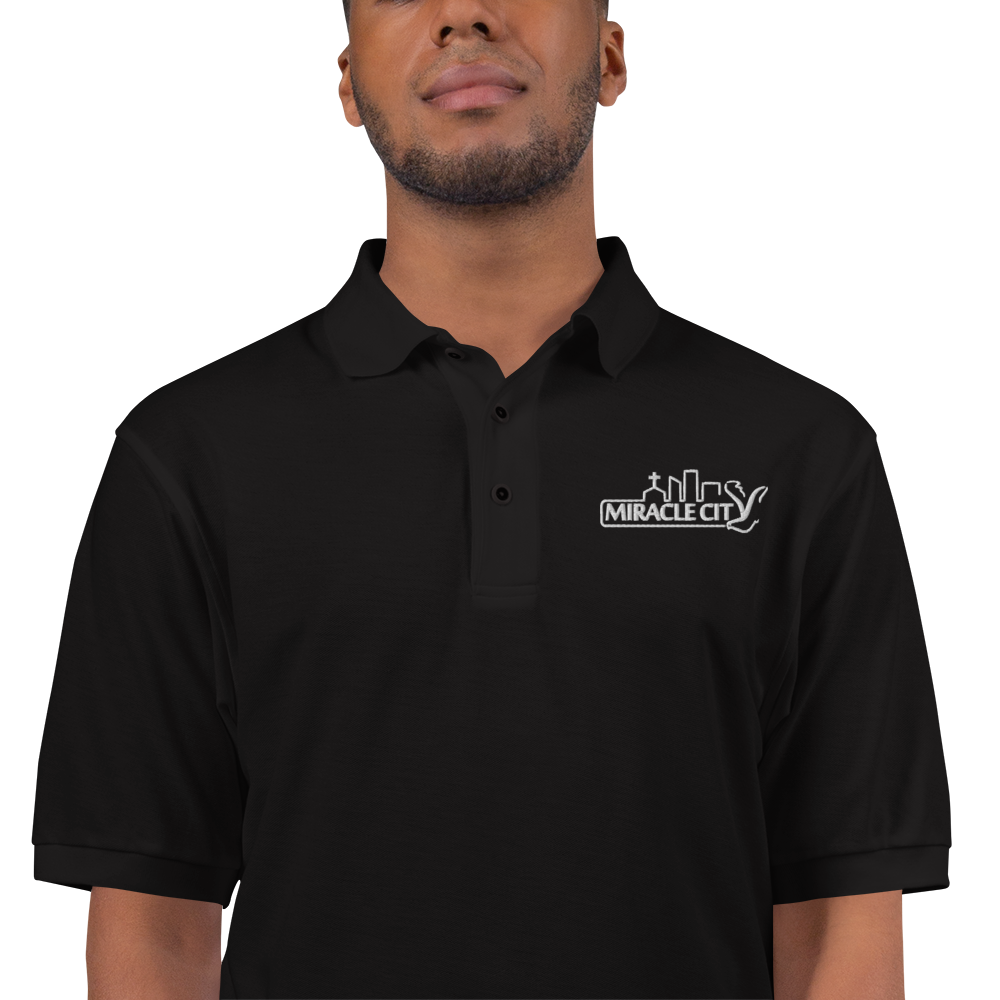 Miracle City Logo (White), Embroidered Premium Polo, Black