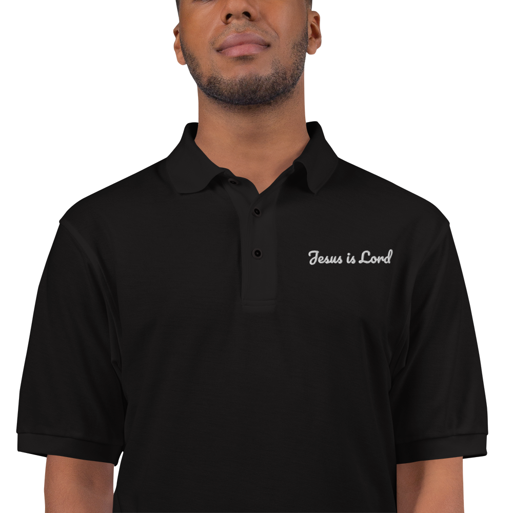 Jesus is Lord, Embroidered Premium Polo, Black with White Lettering