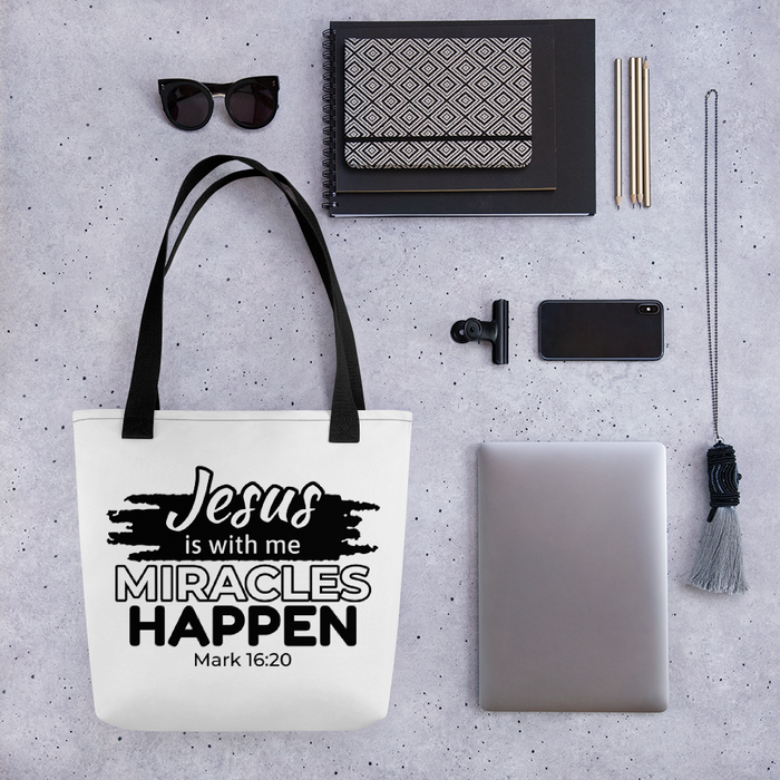 Miracles Happen Tote Bag, White Tote, 3 Handle Color Variations