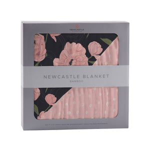 Newcastle Blanket, 100% Natural Bamboo Muslin, Peonies and Pearl Polka Dot