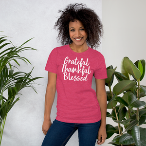 Grateful Thankful Blessed, Front Print T-Shirt, 12 Colors