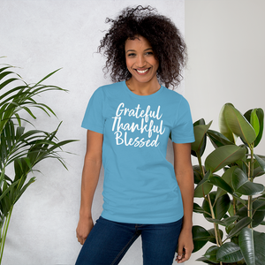 Grateful Thankful Blessed, Front Print T-Shirt, 12 Colors